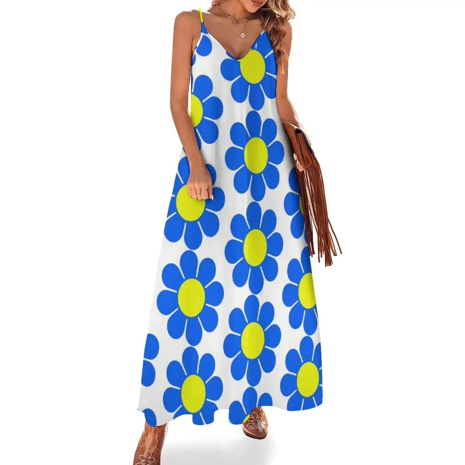 Blue Yellow Hippy Flower Daisy Sleeveless Dress sexy dress for women summer dress for women 2024