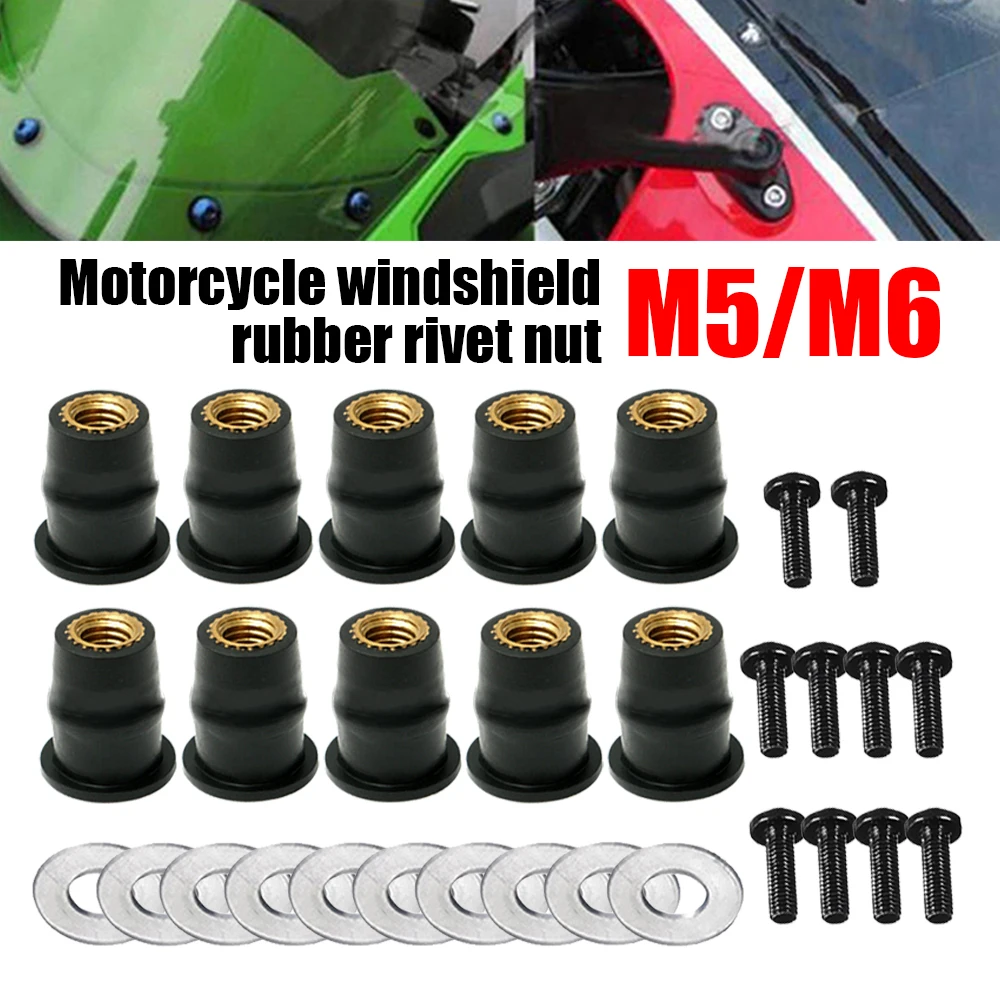 10/30Pcs M5 M6 Well Nut Metric Rubber Motorcycle Windshield Rubber Rivet Nut with Accessories for Honda for Suzuki