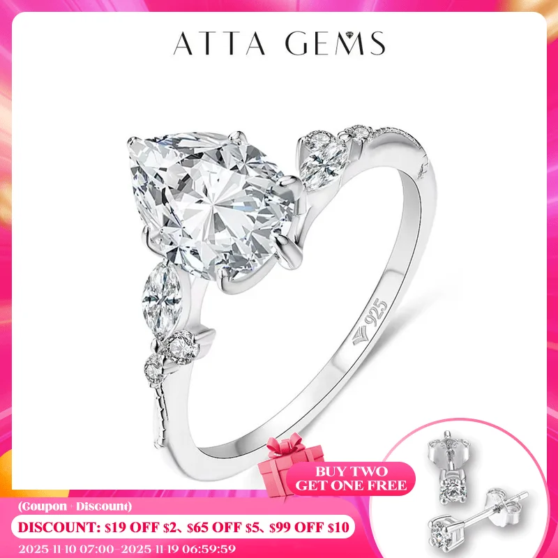 

ATTAGEMS кольцо с муассанитом 7*10 мм 2,0 карата DVVS1 грушевидной формы из стерлингового серебра S925 для женщин, помолвка невесты, винтажные ювелирные изделия, подарок