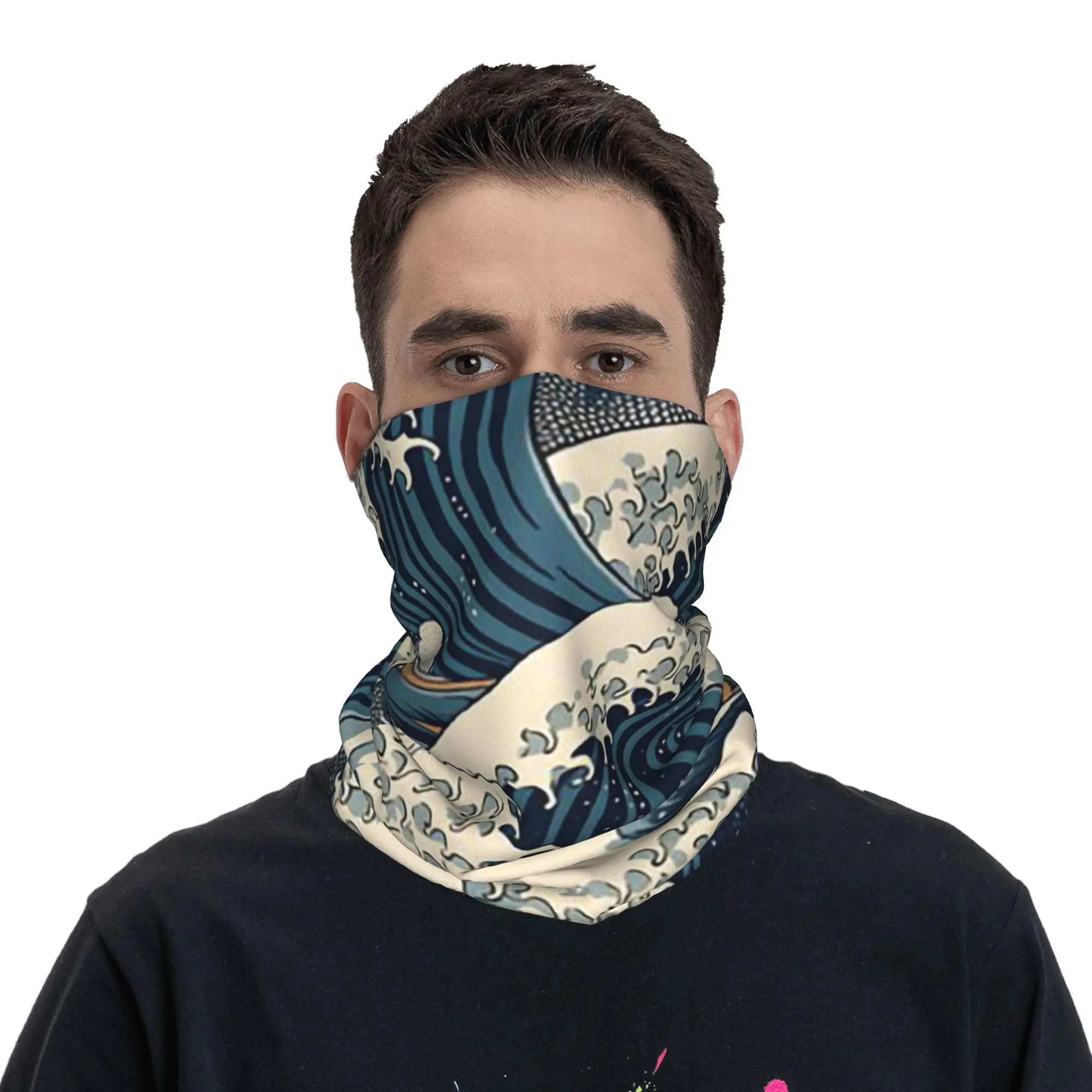 

Japanese Wave Noodle Wave and Shoin Style Bandana Neck Gaiter Printed Wrap Scarf Headband Riding for Men Women Adult Breathable