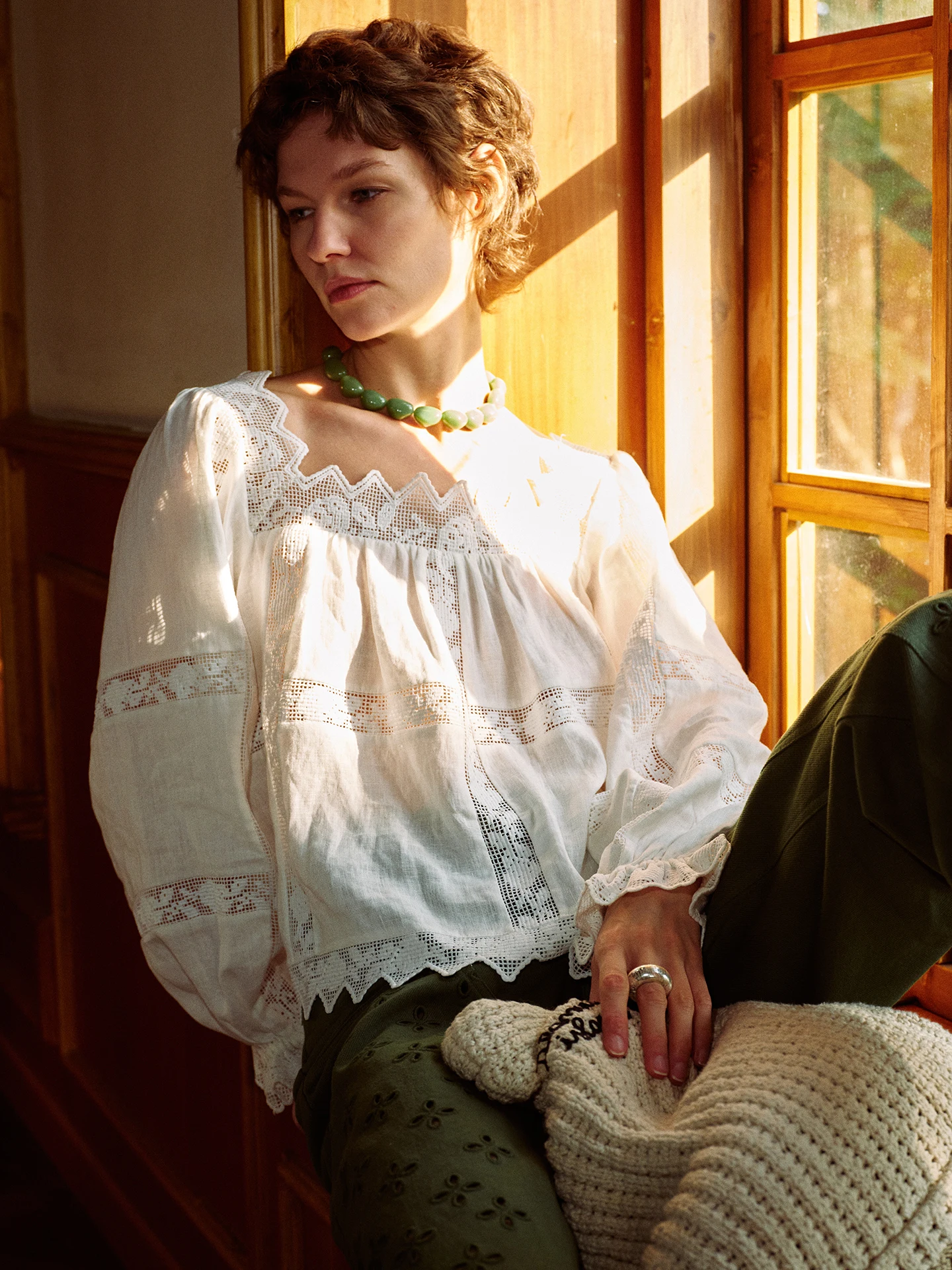 

Ele Romantic Loose Lace Patchwork Linen Square Collar irt Comfortable Breathable Long Sve Women's Casual irt