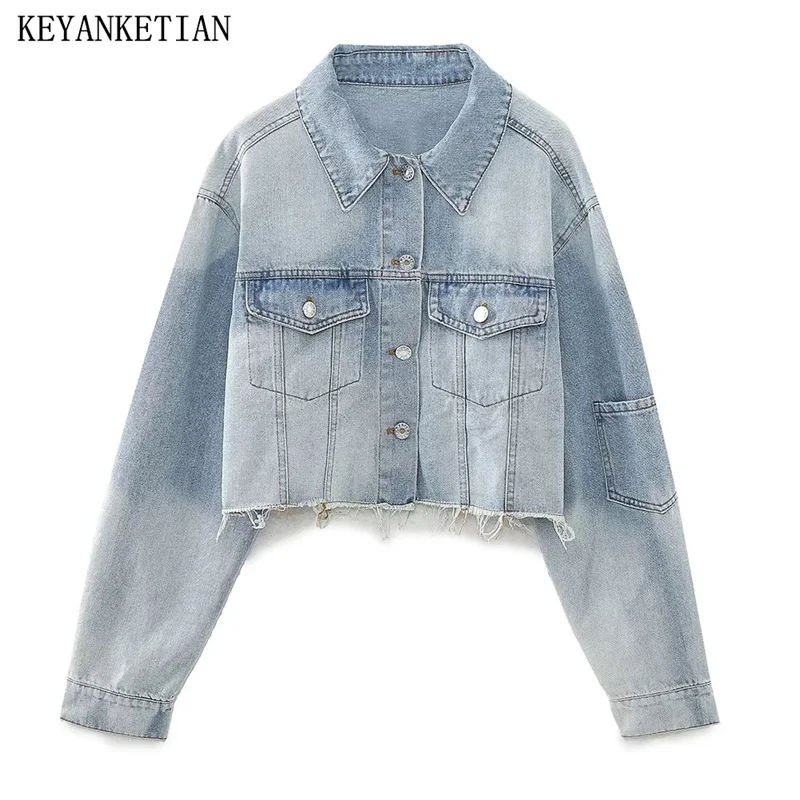 

KEYANKETIAN Autumn New Women's Denim jacket Frayed Trim Double Pockets Single Breasted Stylish Crop Top Leisure Outerwear