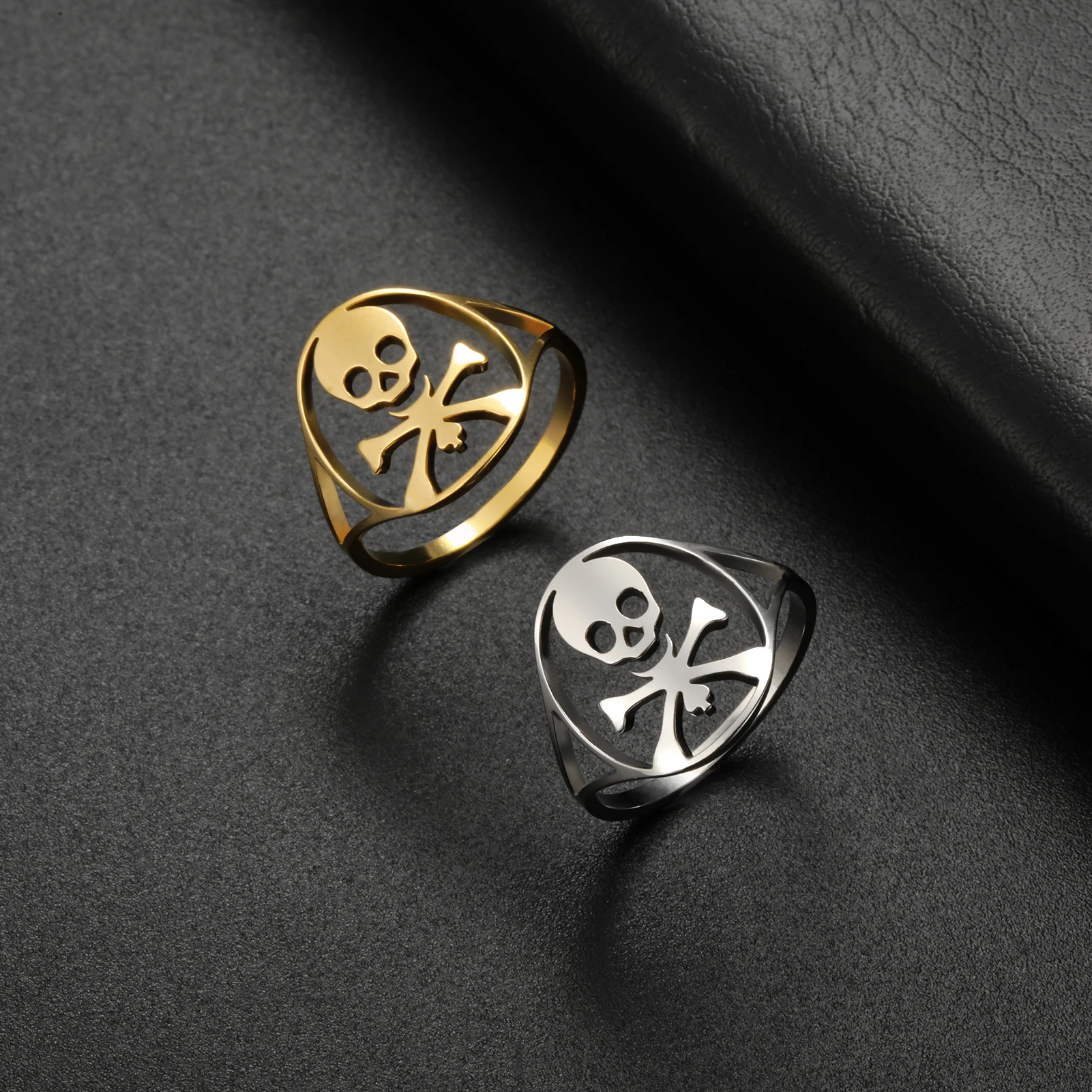 Hollow Skull Crossbones Ring Stainless Steel Vintage Pirate Ring for Men Gothic Punk Biker Statement Jewelry Birthday Party Gift