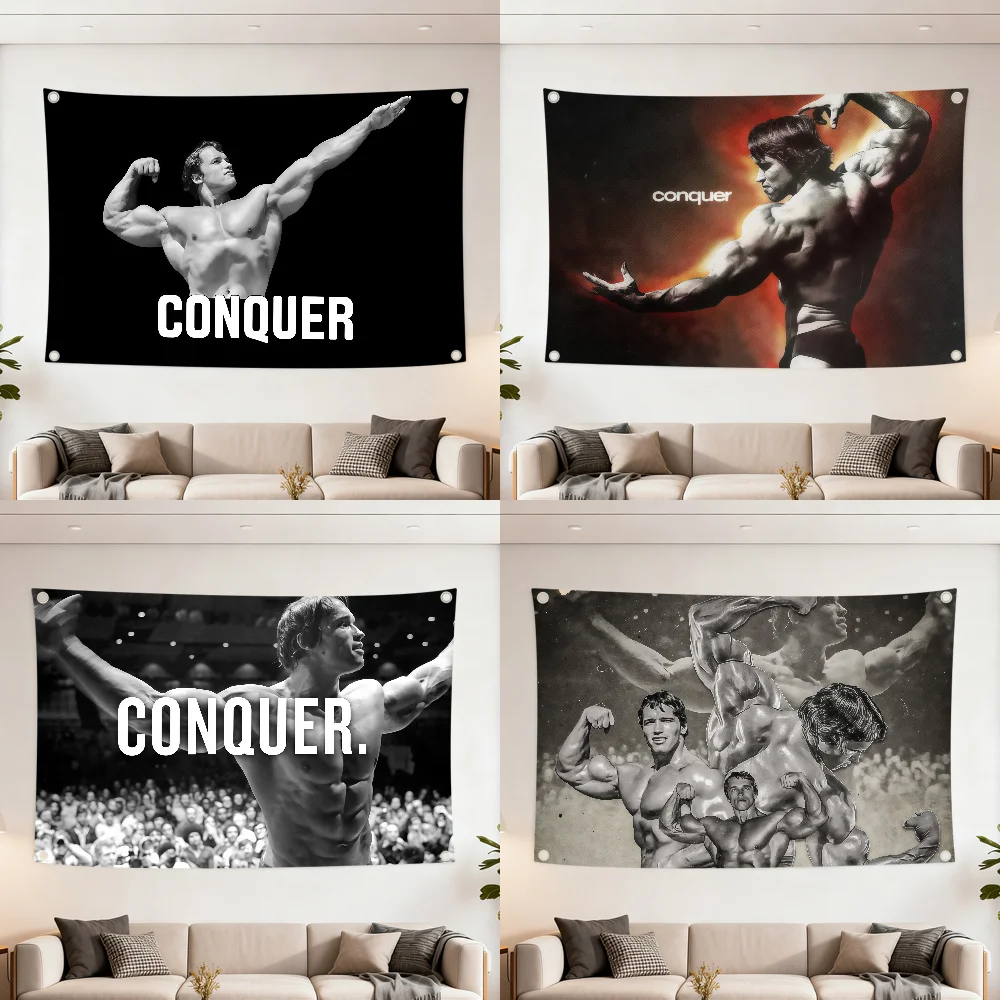 Drapeau de décoration Arnold Schwarzeneger CONQUER, pour pique-nique en plein air, fête, décoration artistique suspendue, maison, camping, bannière de fête, meilleures ventes