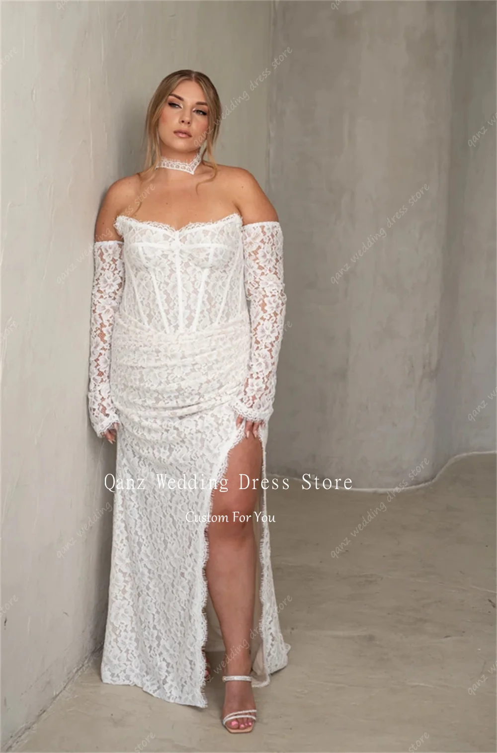 Qanz Elegant Women Wedding Dresses High Side Slit Lace Appliques Bridal Gowns Floor Length Robe De Mariée 2026 Customized