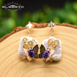 GLSEEVO Natural Fresh Water Pearl Square Pearl Dangle Earrings Butterfly Dangle Earrings For Women Wedding Fine Jewelry GE0806