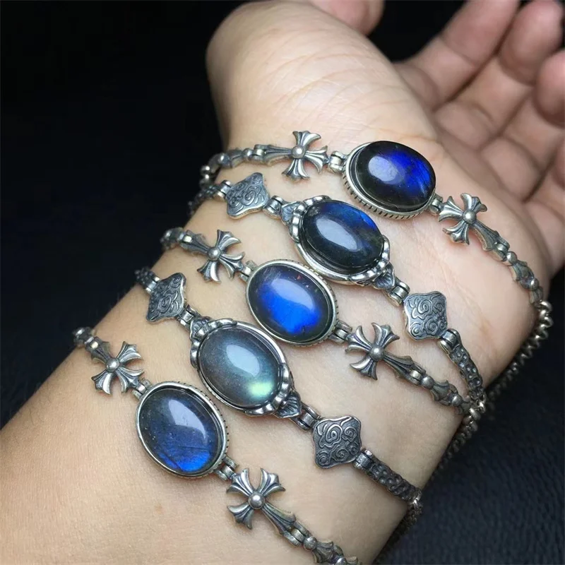 

S925 Natural Labradorite Inlaid Bracelet Crystal Healing Gemstone For Women Fengshui Birthday Present Lover Gift 1pcs