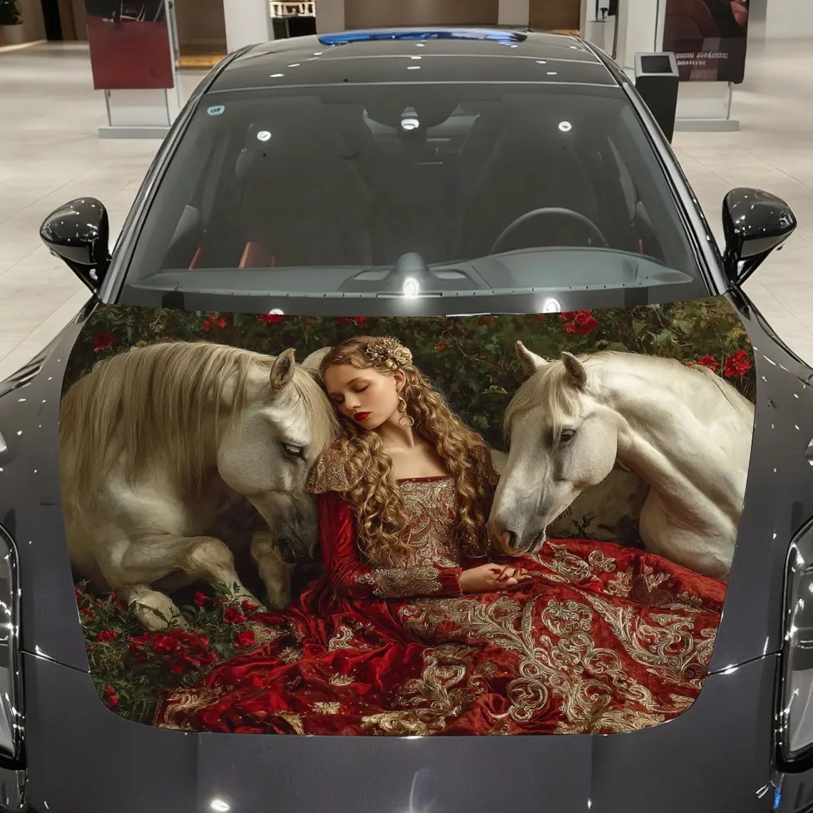 Flower White Horse Princess Car Hood Stickers-PVC Vinyl Stickers,car Graphic Hood Stickers, Fashionable Truck Accessories,vehicl