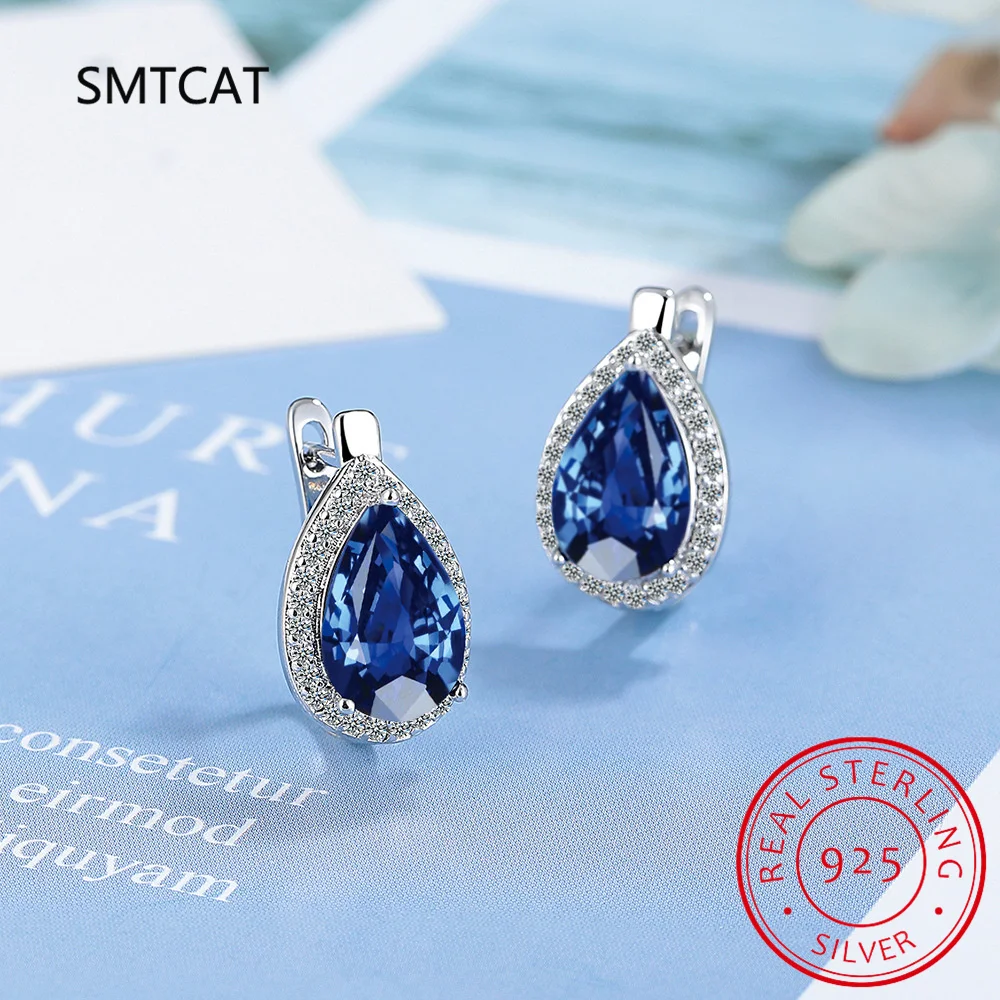 Pear Cut Blue Sapphire 925 Sterling Silver Water Drop Hoop Earrings for Women Gemstone Fine Jewelry Creole Huggies