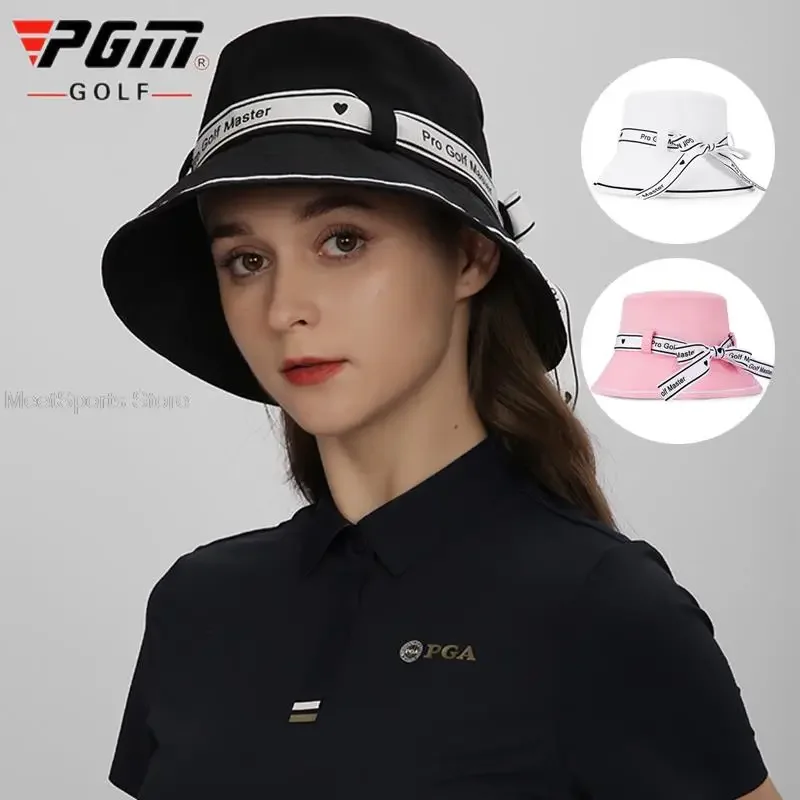 Pgm Wide Brim Tie Bow Women Golf Hats Soft Cotton Foldable Outdoor Sun Visor Ladies Letter Printed Bucket Caps Sunscreen Anti-UV