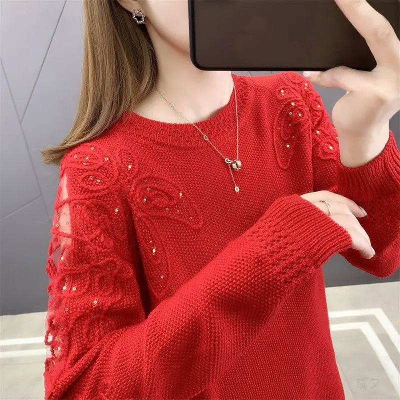 Fashion O-Neck Embroidery Sequined Hollow Out Sweaters Women Clothing 2023 Winter New Oversized Casual Pullovers Commuter Tops