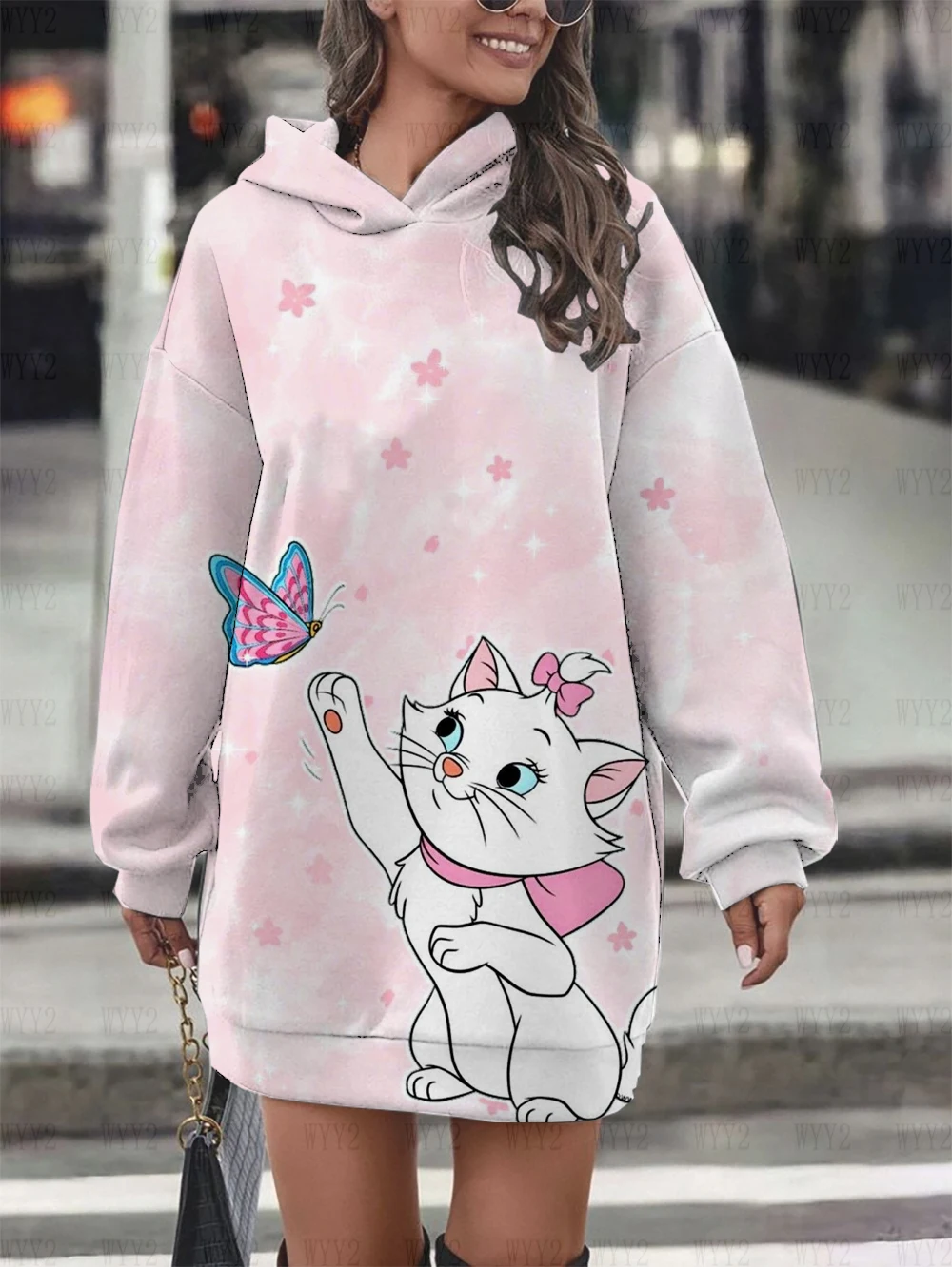 New Women\'s Hoodie Sweater Dress Disney Marie Cat Print Hooded Long Sleeve Dress Fashion Street Style Winter Clothing