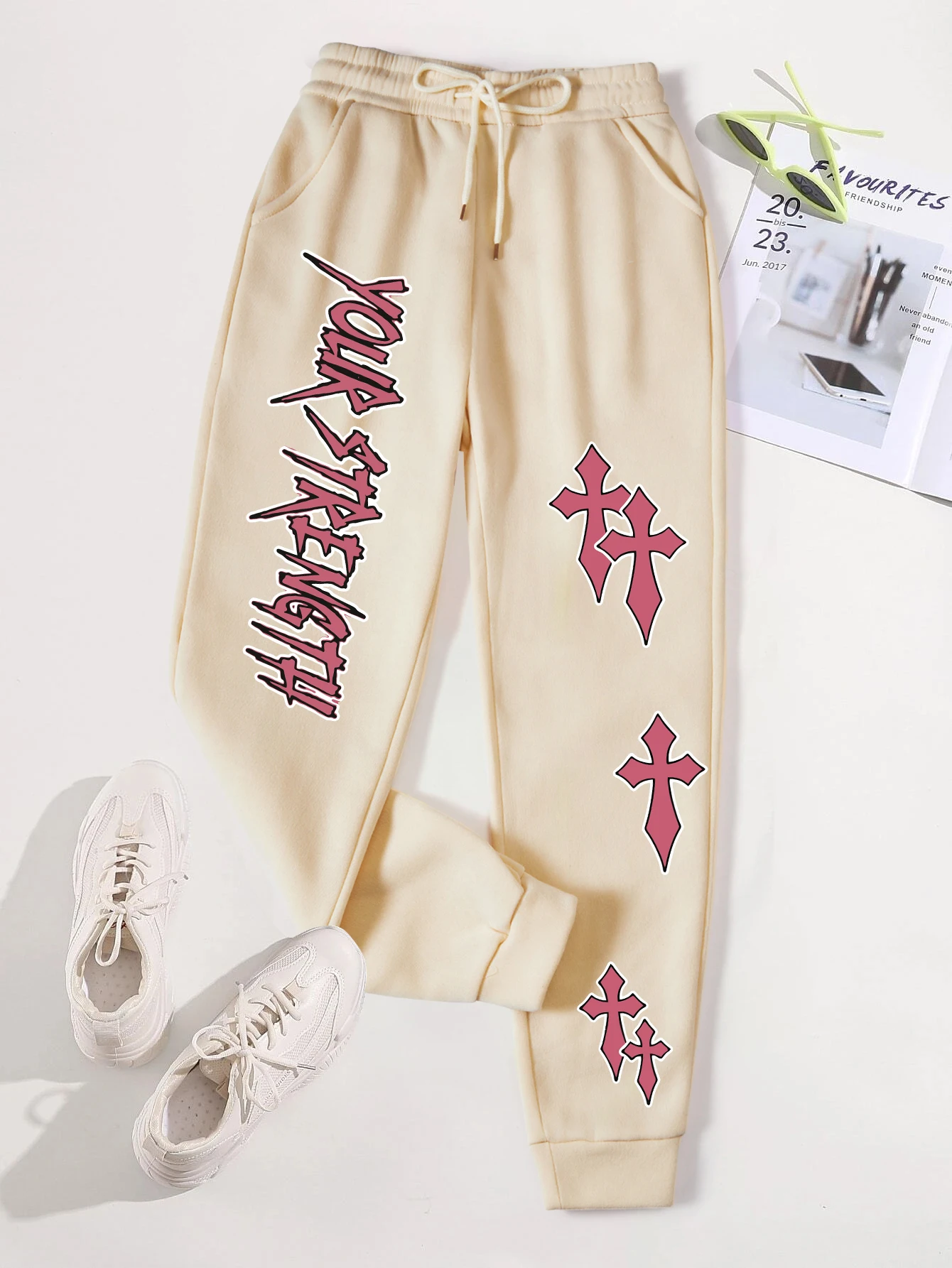 Your Strength Cross Prints Women Sweatpants Casual Sporty Trousers Winter Fleece Elastic Waist Pants Pocket Woman Streetwear