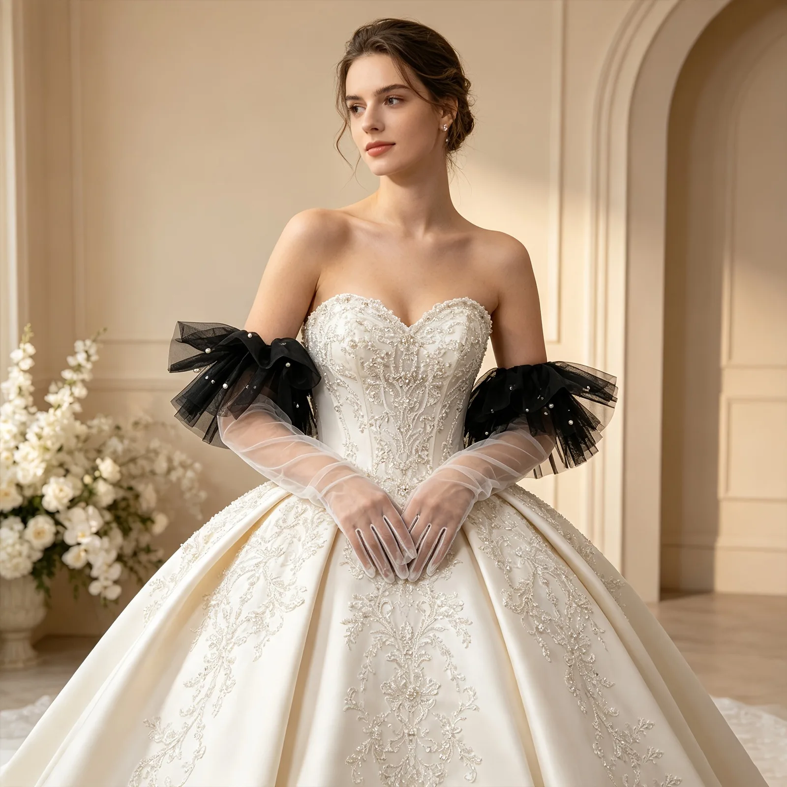 Bridal Gloves Long Net Pearl Ruffle Puff Sleeve Sheer Photography Gloves White for Wedding Dress