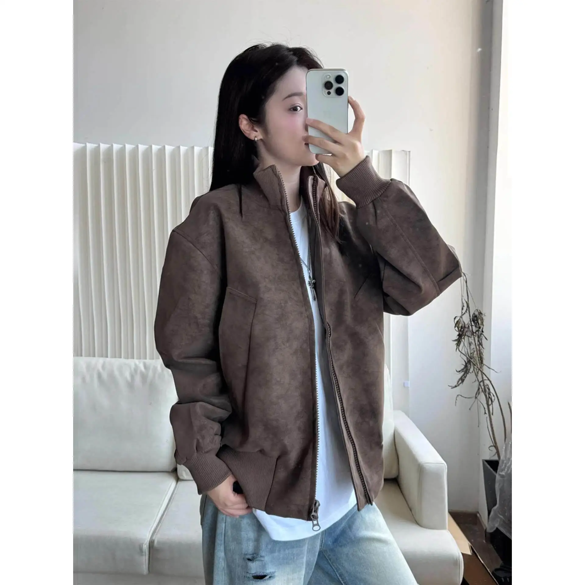 

Brown Short Flight Jacket Men's Style Autumn Mermaid Matte Leather Coat American Stand Collar Silhouette Baseball Outfit