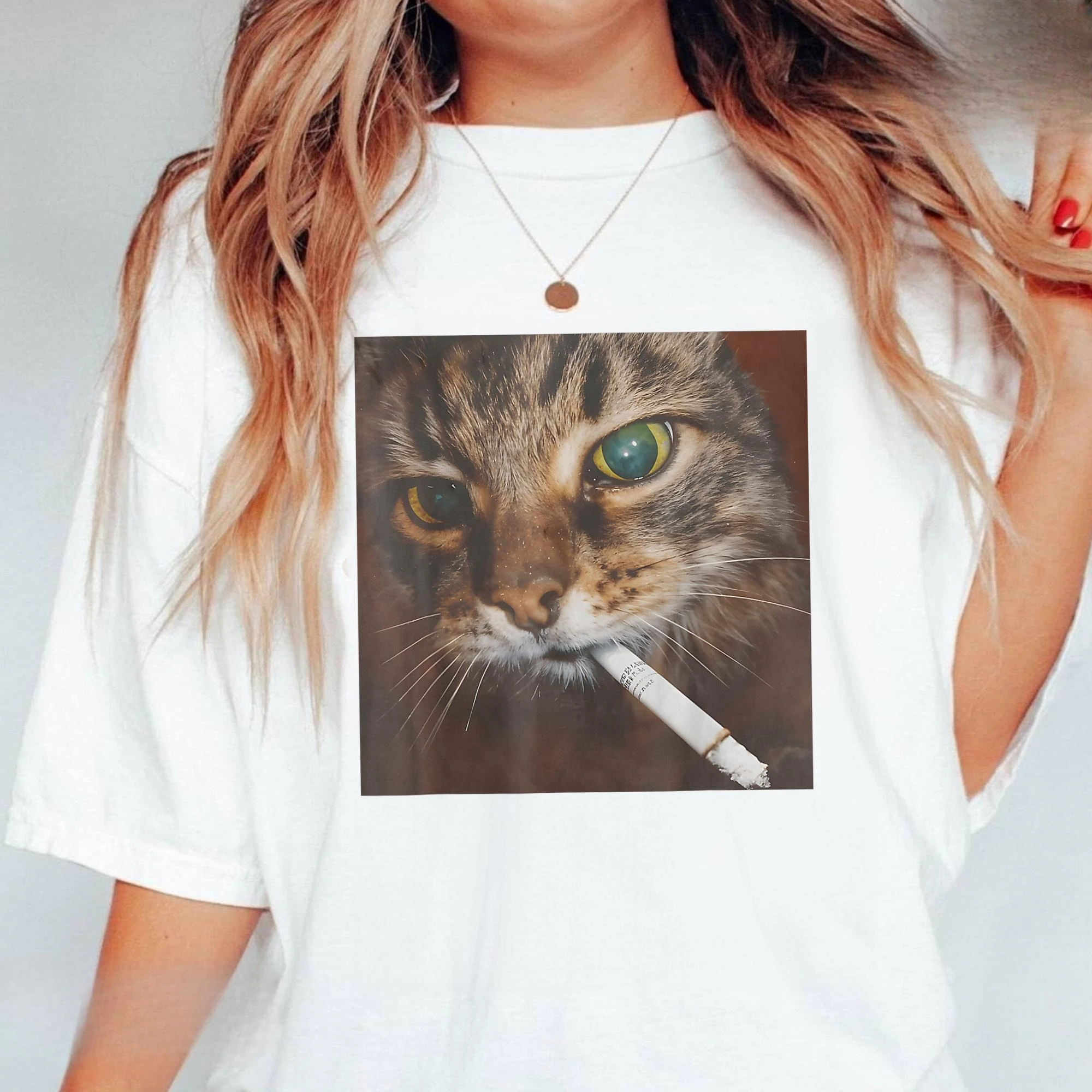 

Smoking Cat Graphic Print Summer Luxury Brand Pure Cotton Men's and Women's T-shirt Short Sleeve Street Fashion Trend Clothing