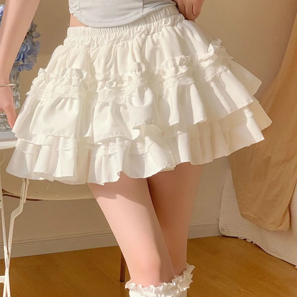 High Waist White Lace Puff Skirt - Sweet Ballet Cake Mini, Fluffy Tiered Layered Skirt with Anti-Slip Shorts, New Style