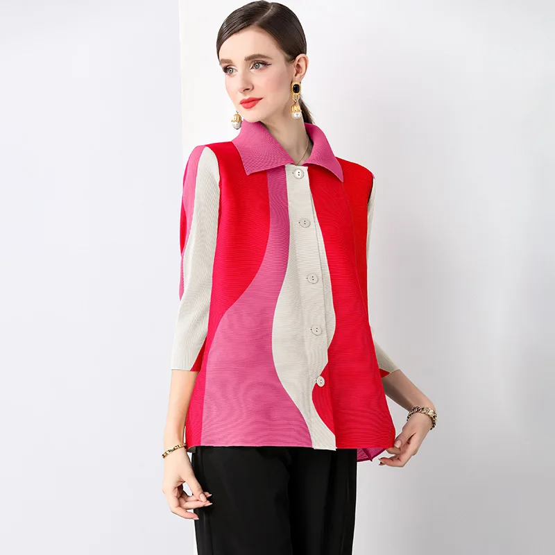 Spring High Stretch Turn Down Collar Single Breasted Korean Fashion Loose Short Blouses ShirtsMiyake Pleated Colorblock Tops