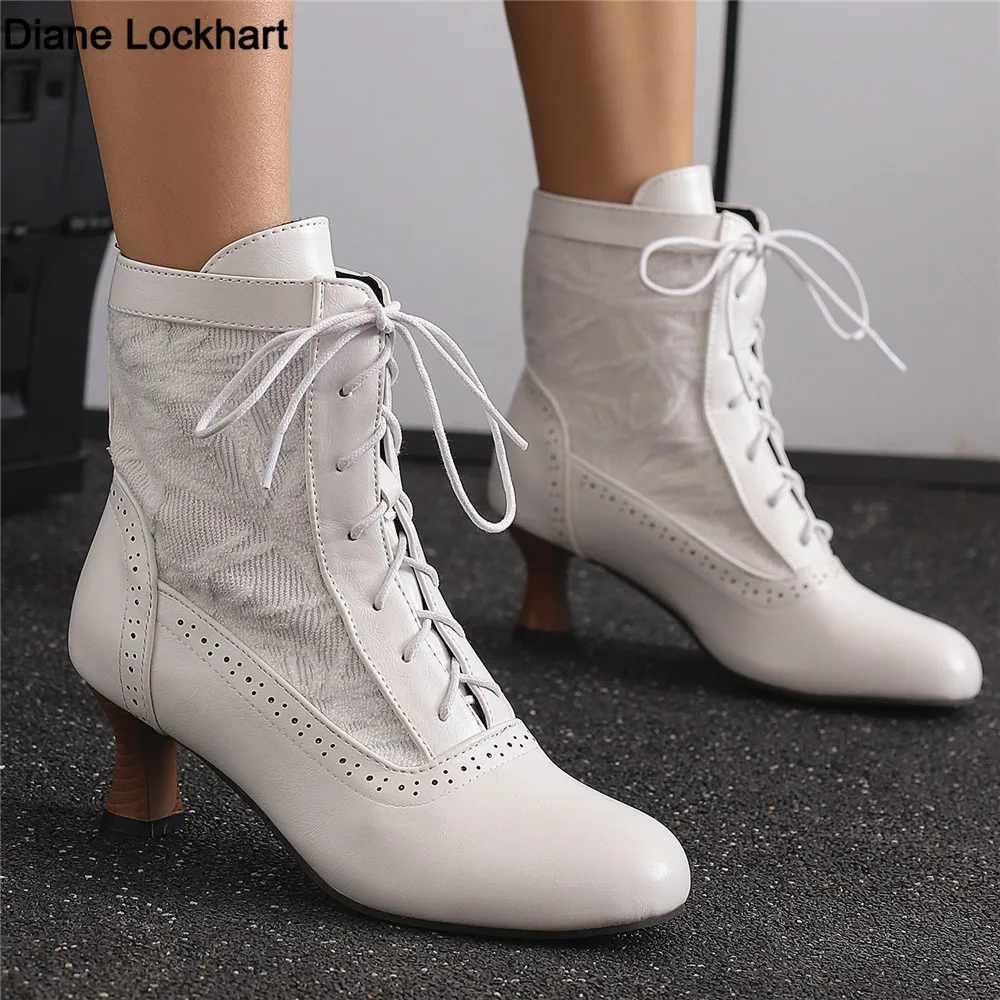 

2025 Women Victorian Pointed Toe Ankle Boots Leather Lace Hollow Out Punk Lace Up Strange Steampunk High Heel Shoes Size 34-46