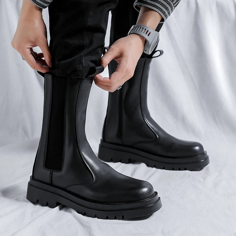 Stivali da camino alti moda di lusso da uomo tendenza nera scarpe in pelle originali piattaforma stivali da moto bello lungo chelsea botas
