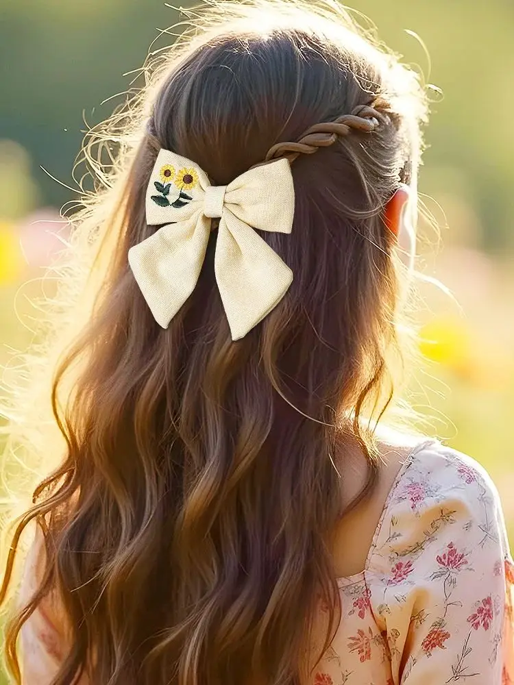 Pince à cheveux fleur Beige, élégante, douce, brodée à la main, épingle à cheveux florale tournesol pour filles, couvre-chef pour enfants, accessoires pour enfants