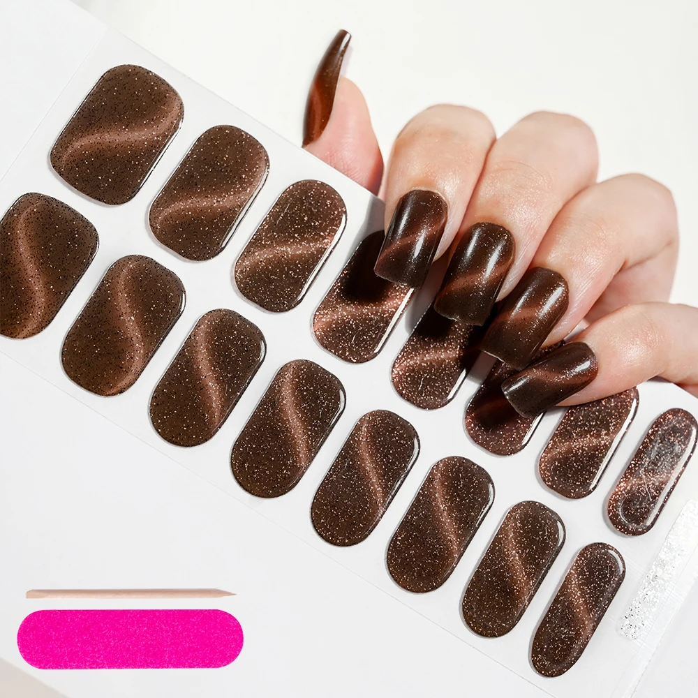 15 Color Cat Eye Effect Semi-Cured Glitter Gel Nail Wraps SelfAdhesive Long Lasting Gel Nail Stickers with Tools Hard In UV Lamp