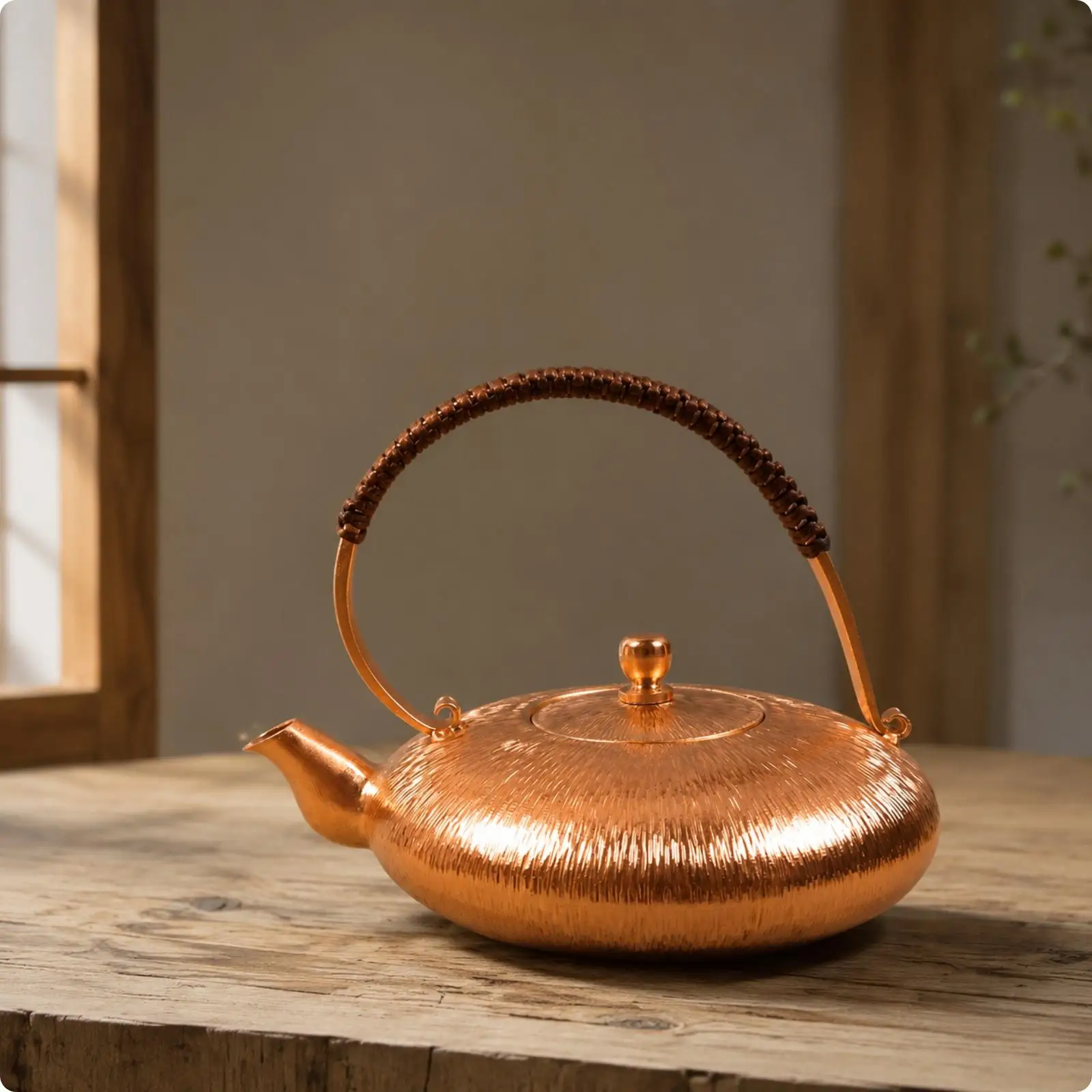 Uncoated Copper Kettle for Tea Service Industrial Design with Arched Handle and Precision Pour Spout