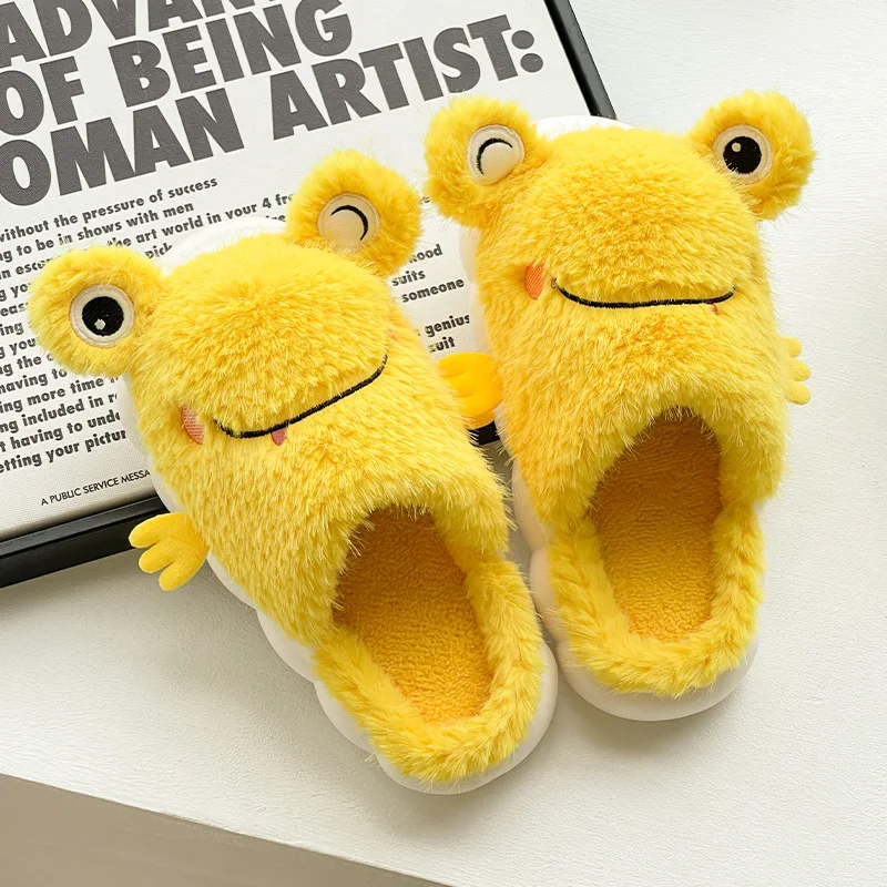 Winter  Adorable Cartoon Big Eyed Frog Plush Slippers for Couples Women's Home Slippers Cozy and Non-Slip Cotton  Shoes