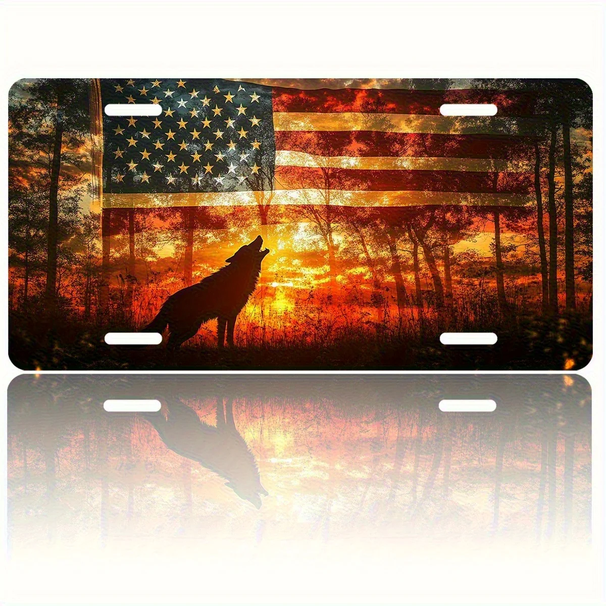 2D Flat 1pc, Aluminum Plate, Wolf in Rural America Flag Forest Scenery License Plate Cover Decoration, Novelty Car Accessory