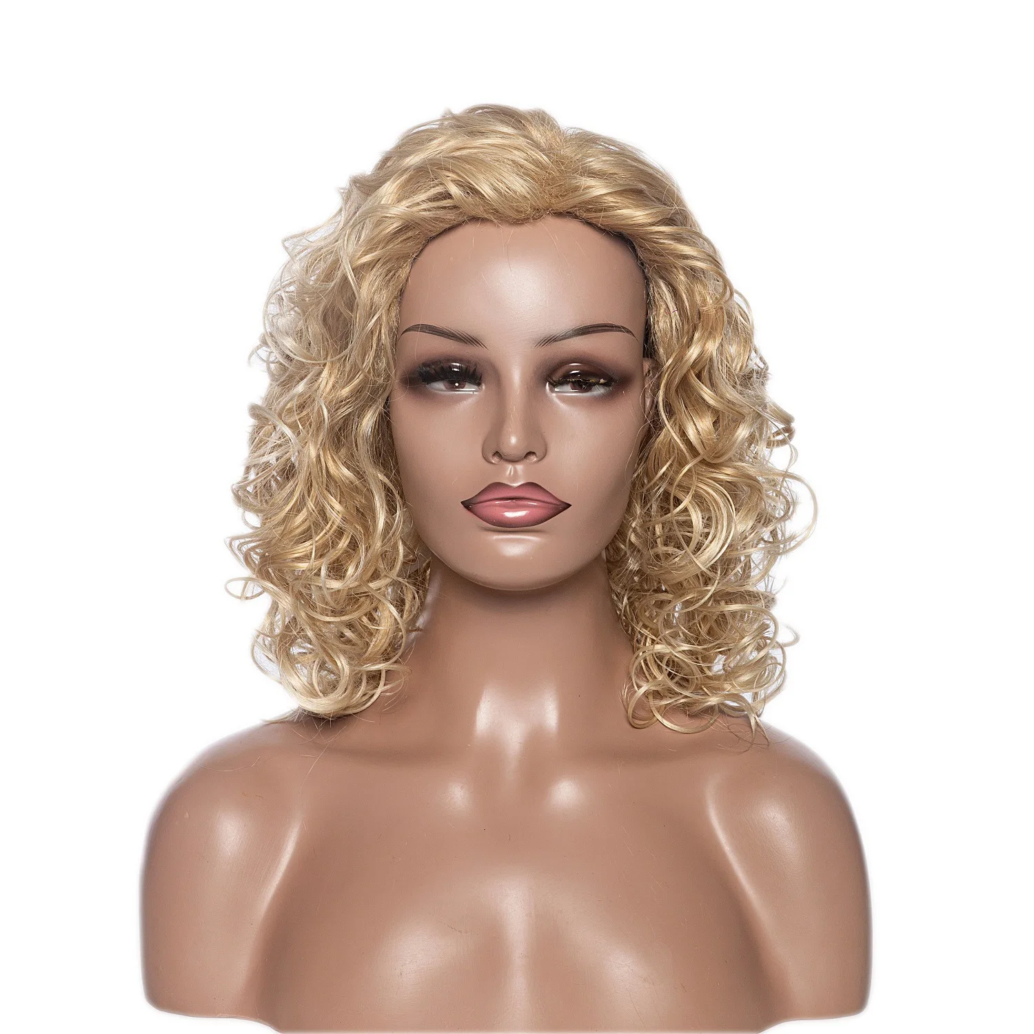 Wearing a yellow wig for the party, round and small curly hair, natural headband, mature and elegant