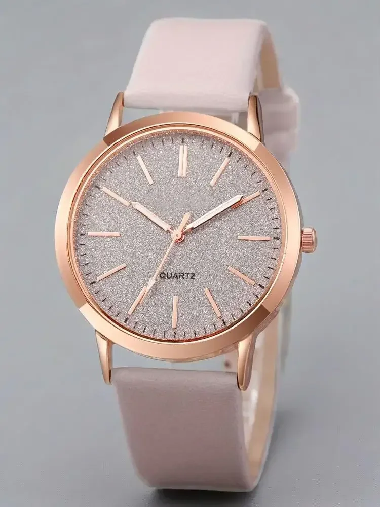 4PCS/Set Korean Women's Watch Fashion Versatile Leather Strap Grey Pink Twin Watch with Rose Bracelet
