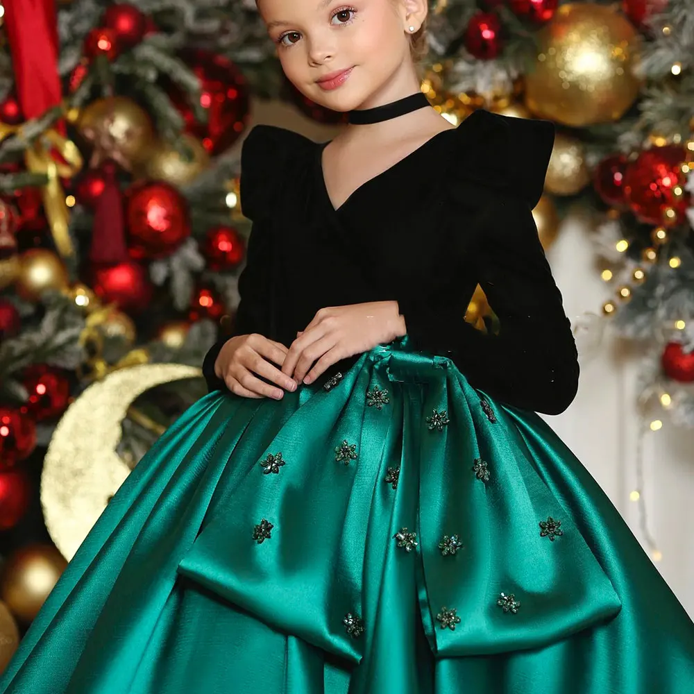 Dreamy Vow J367 Lusso Arabo Verde Ragazza Abito di Cristallo Con Scollo A V Dubai Bambini Principessa Vacanza Compleanno Festa di Nozze Abito di Sfera 2025