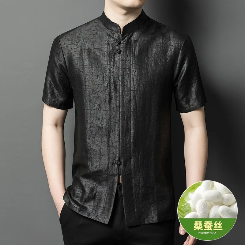 

Real Silk Gambiered Guangdong Crack Short Sleeve Shirt Chinese Style for Men Costume Half Stand Collar Men's Fashion