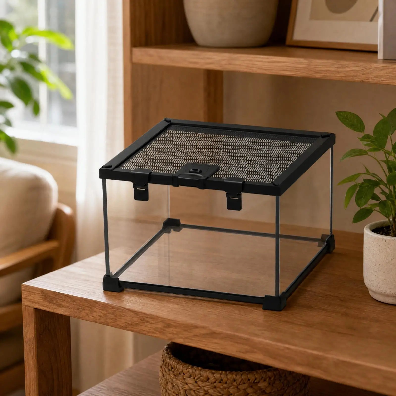 Reptile Cage Terrarium Glass with Removable Mesh Top and Feeding Hole for Lizards Reptile Shelter Accessory