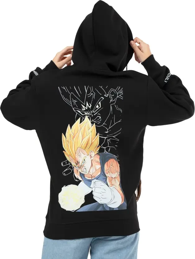 

Dragon Ball Z Hoodie Black Cotton Vegeta Character Print Anime Cosplay Pullover with Battle Pose Design Front and Back Casual