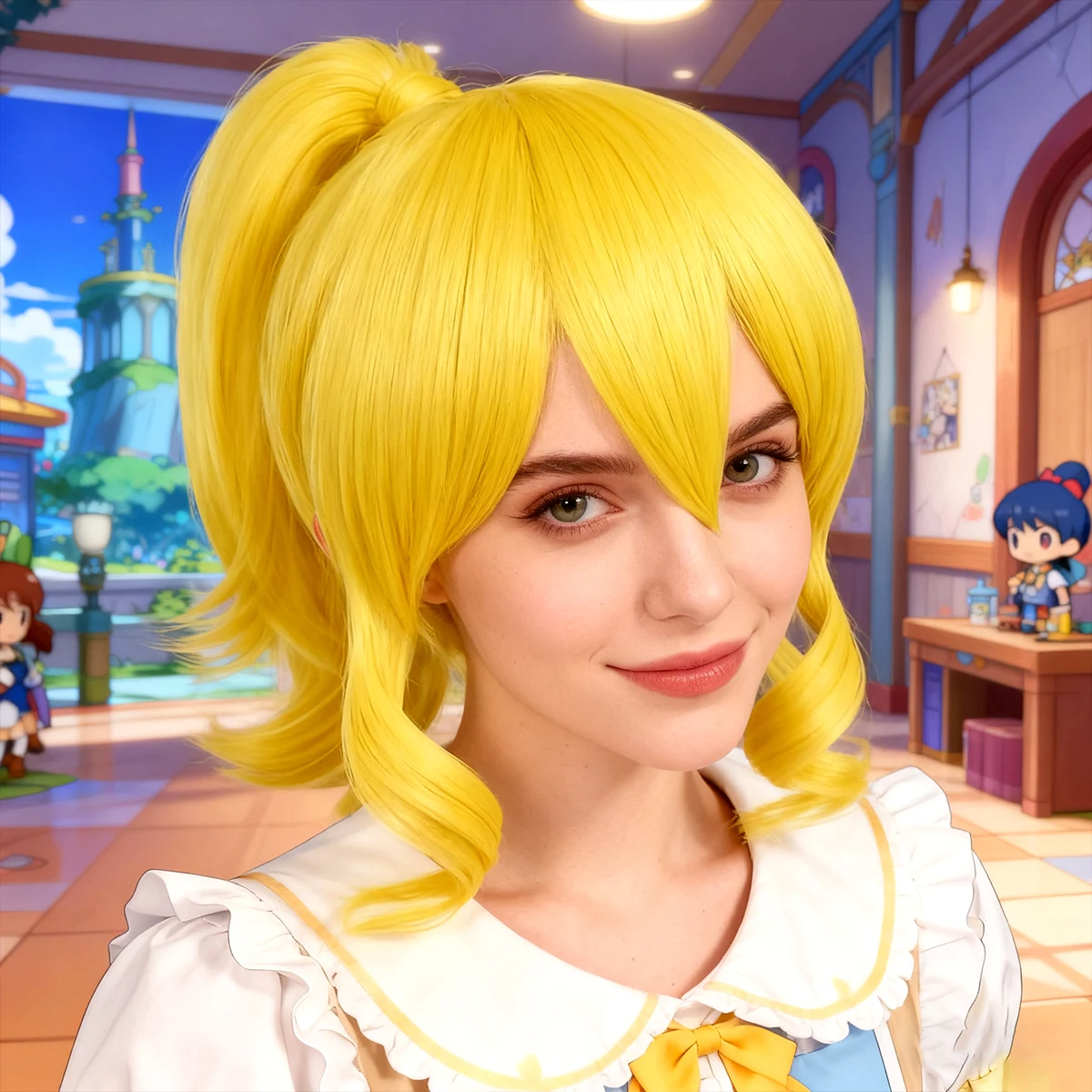 مشرق الذهبي الأصفر 30 سنتيمتر/12 بوصة شعر مستعار اصطناعي ، عالية ذيل حصان الانفجارات المائلة مجعد الجانبين شين تأثيري يوميا