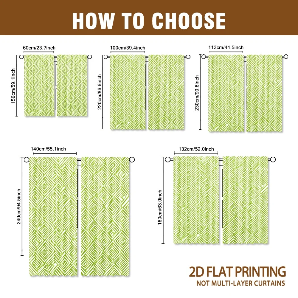 Green geometric maze print theme, patterned curtains, pole-mounted design, suitable for living room, bedroom and study room