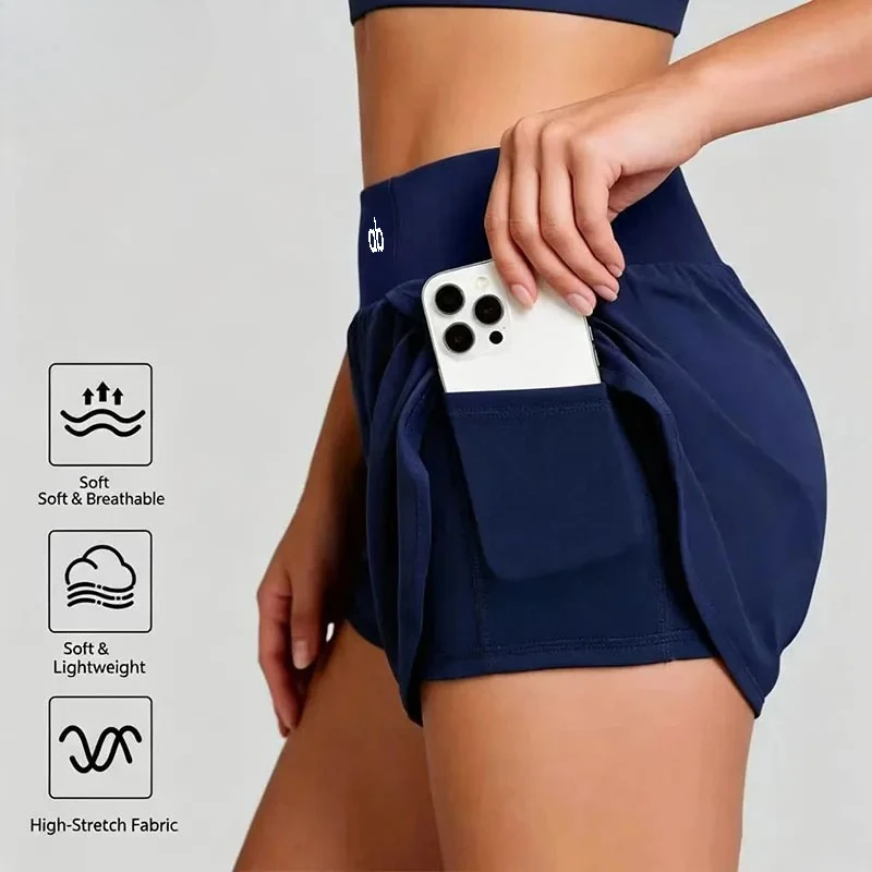 2026 Women Fake Two‑Piece High Waist Sports Shorts Anti‑Chafe Anti‑Exposure 3‑Inch Shorts Side Pockets For Running Yoga Fitness