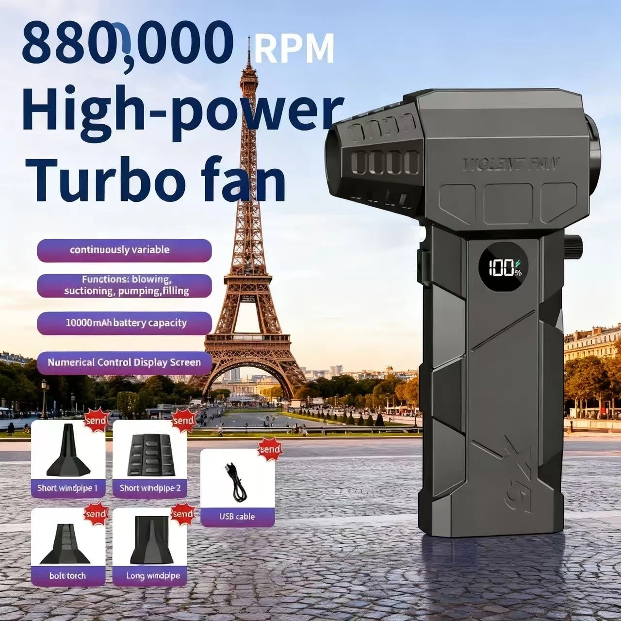 

X5 Mini Violent Fan 880000 об/мин Электрический пылесос с 5 насадками Бесщеточный турбоструйный вентилятор Воздуходувка Инструменты для чистки клавиатуры автомобиля