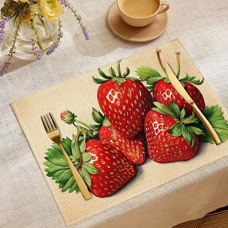 Juicy Strawberry Print Placemat Linen Texture Table Pad Sweet Fruit Design Table Mat Farmhouse Kitchen Table Decor