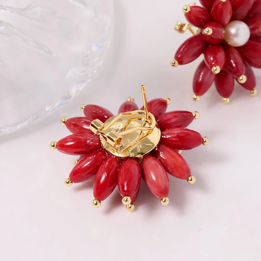 Natural Red Coral Stone Flower Freshwater Pearl Earrings Korean Style Women Luxury Jewelry Fashion Ladies and Girls Gift GE1536