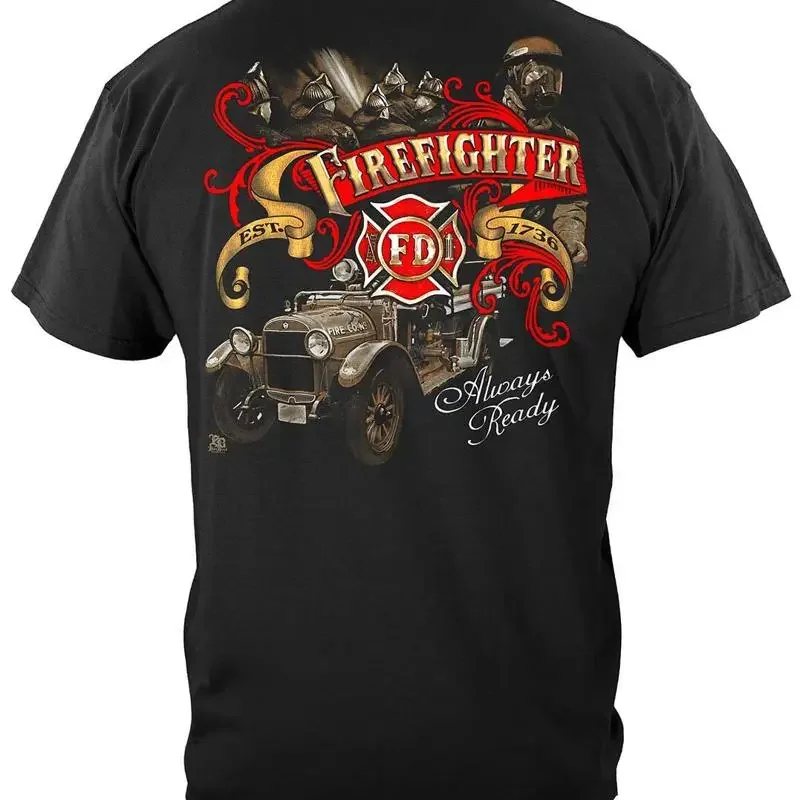 Elite Breed Antique Fire Dept Firefighter 100 Cotton Black T Shirt