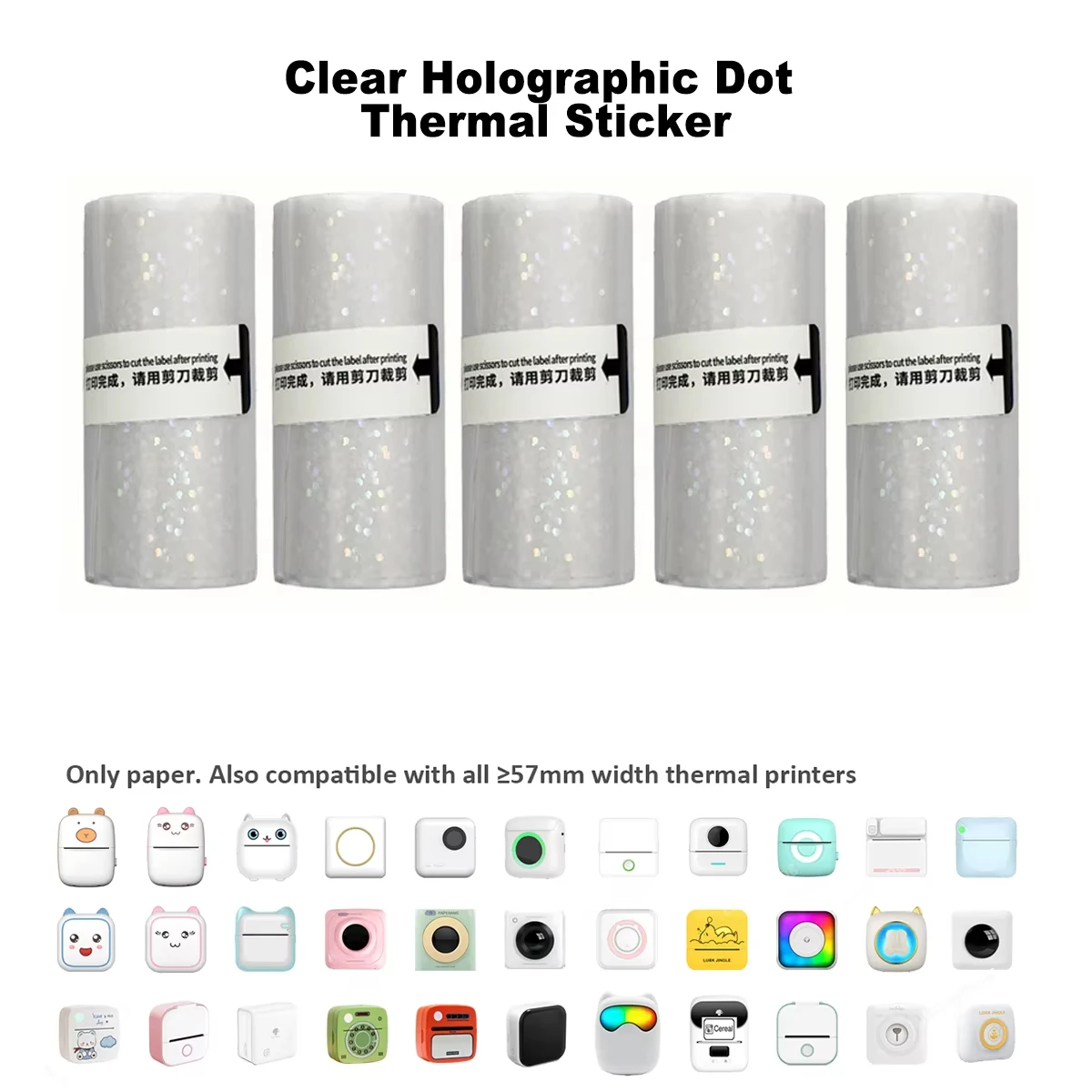 Clear Holographic Dot Transparent Self-Adhesive Thermal Paper Rolls 57mm x 3m, Sticker Paper Fit with Most Mini Thermal Printers