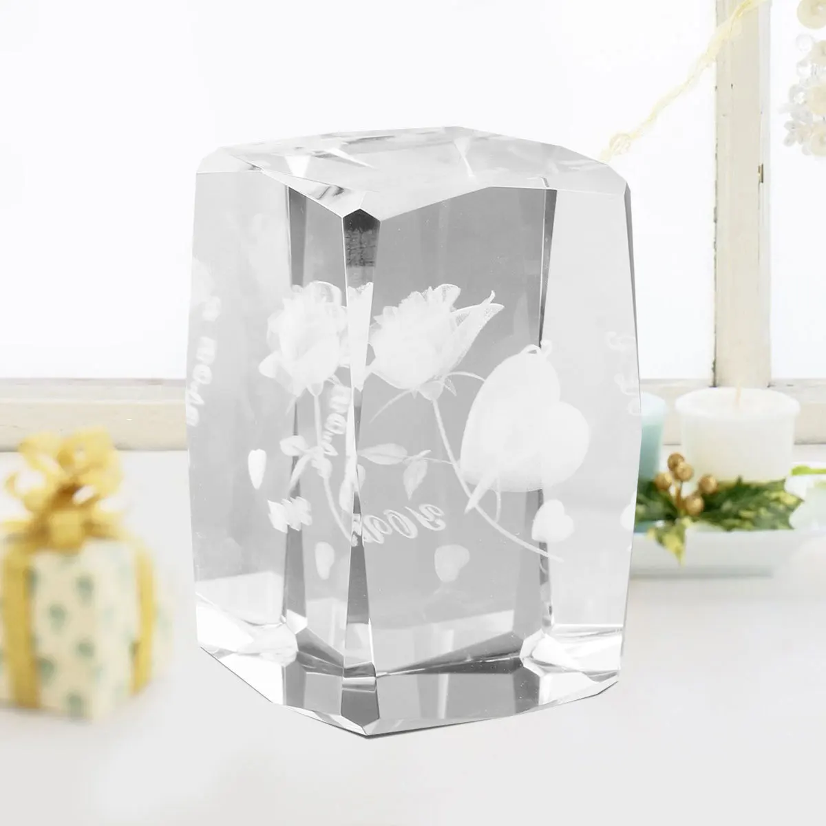

Crystal 3D Rose Flower Engraved Glass I Love You Base Figurine Ornament Gift for Wedding Souvenirs Christmas Birthday Valentines