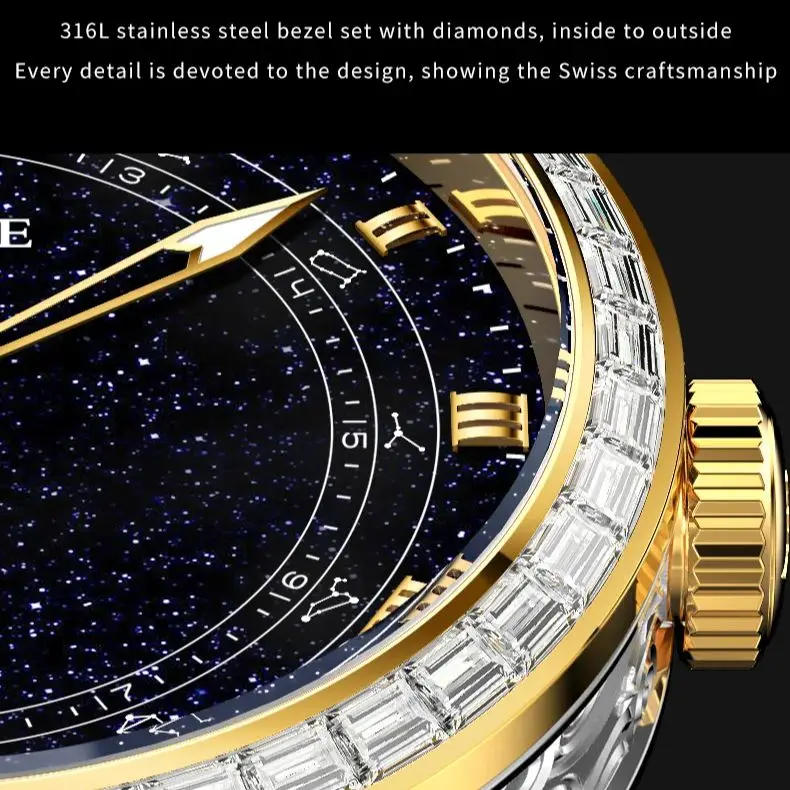 OUPINKE 3203 Orologio da uomo di lusso Orologio da uomo meccanico automatico con diamanti originali in scala romana con cielo stellato Movimento importato