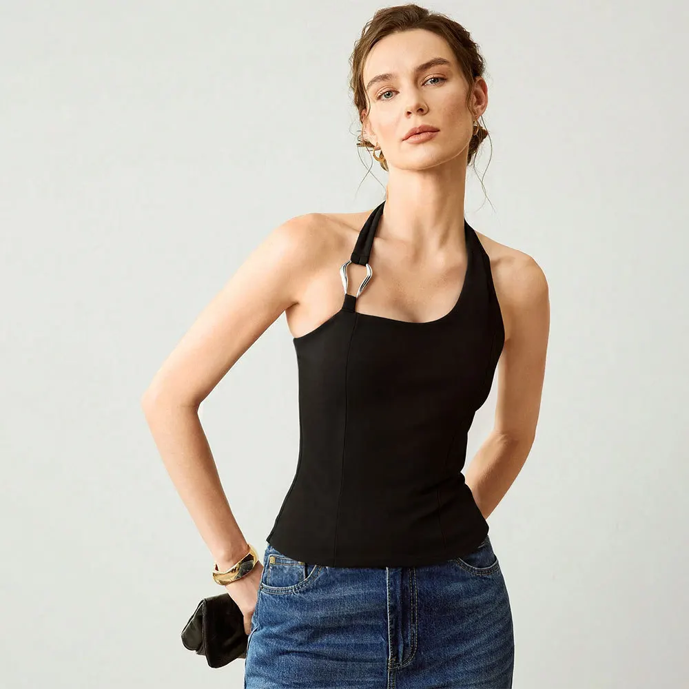New Yoga Sports Women's Tank Top Quick Dry Training Dance Metal Buckle Decorative Hanging Neck Slim Fit Upper Body Knitted
