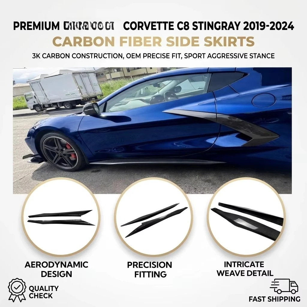 ZR1 Style Carbon Fiber Side Skirts Side Extension Lip for C8 Stingray 2019-2024 Side Panels S9