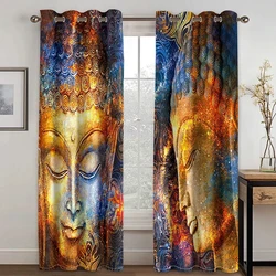 Stone Indian Buddha Statue Zen Lotus Cheap 2 Pieces Thin Window Curtains for Living Room Bedroom Decor Two Drape