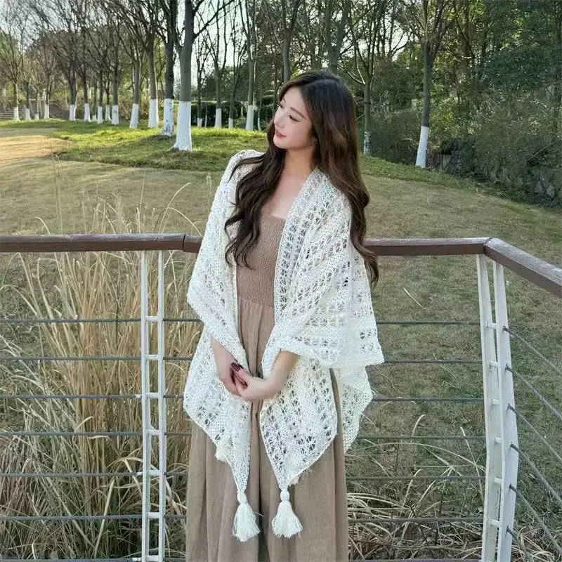 

Summer Mesh Lace Women Cover-Up With Tassels Elegant Beach Open-Front Sun Protection Shawl