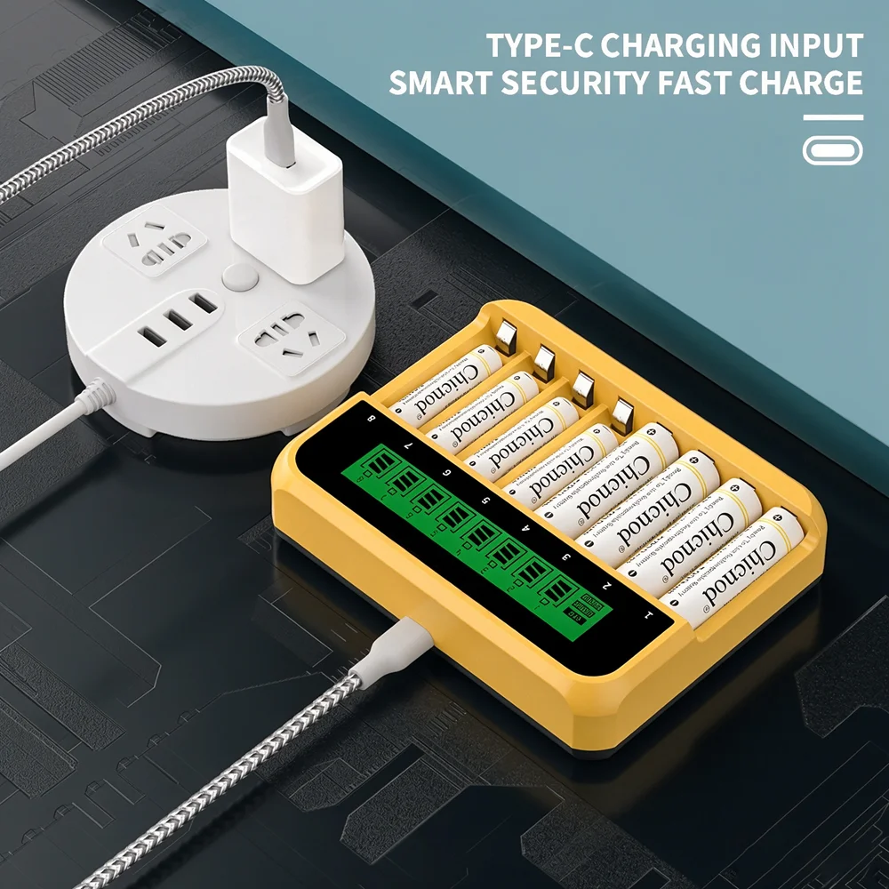 Chicnod LCD023 AA AAA Ni-MH Ni-Cd Battery Charger 8 Slot LCD Display USB Type-C Smart Charger for Rechargeable Batteries